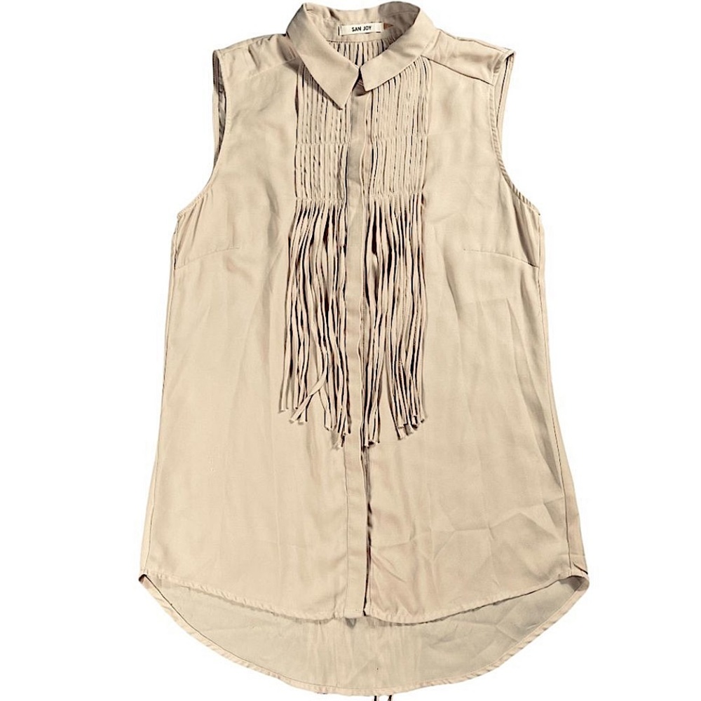 San Joy size small tan top with fringe on front & back, button down with collar